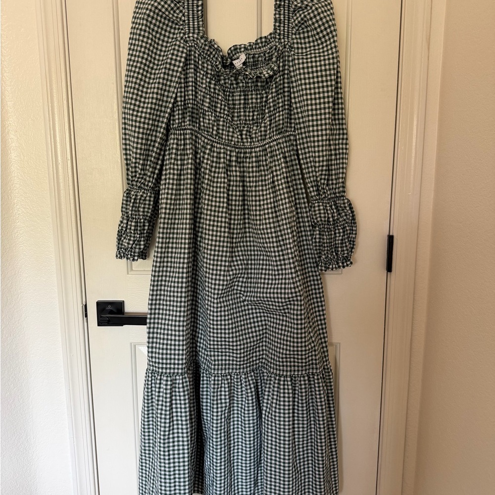 TOPSHOP GREEN GINGHAM MAXI DRESS - SIZE 10
